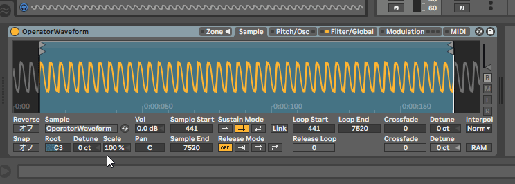 Ableton Sampler RootKey Configuration for AMS Multi-Cycle Waveform