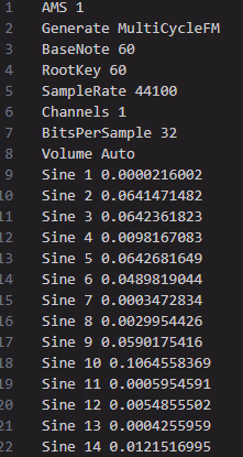 AMS File Opened in Text Editor Showing BaseNote and Sine Harmonics